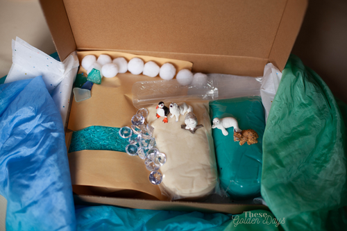 Open box containing arctic toy figurines, jewels, tumbled glass, white pom poms, packs of playdough and coloured rice.  Box is sitting on a blue and green silk. 