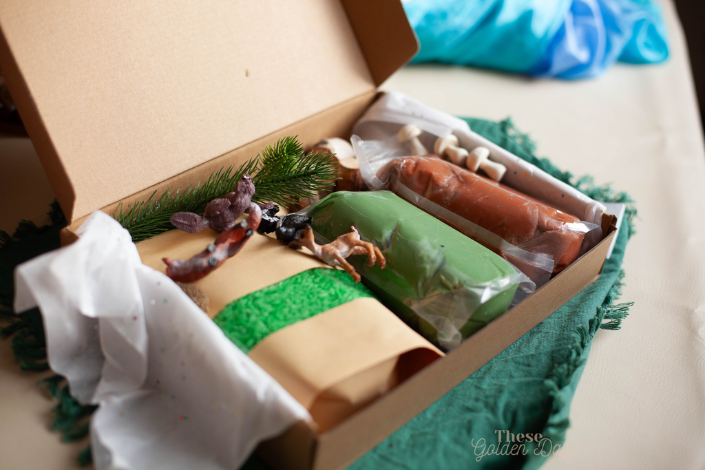 Forest figurines, playdough and rice in a box on a green cloth.