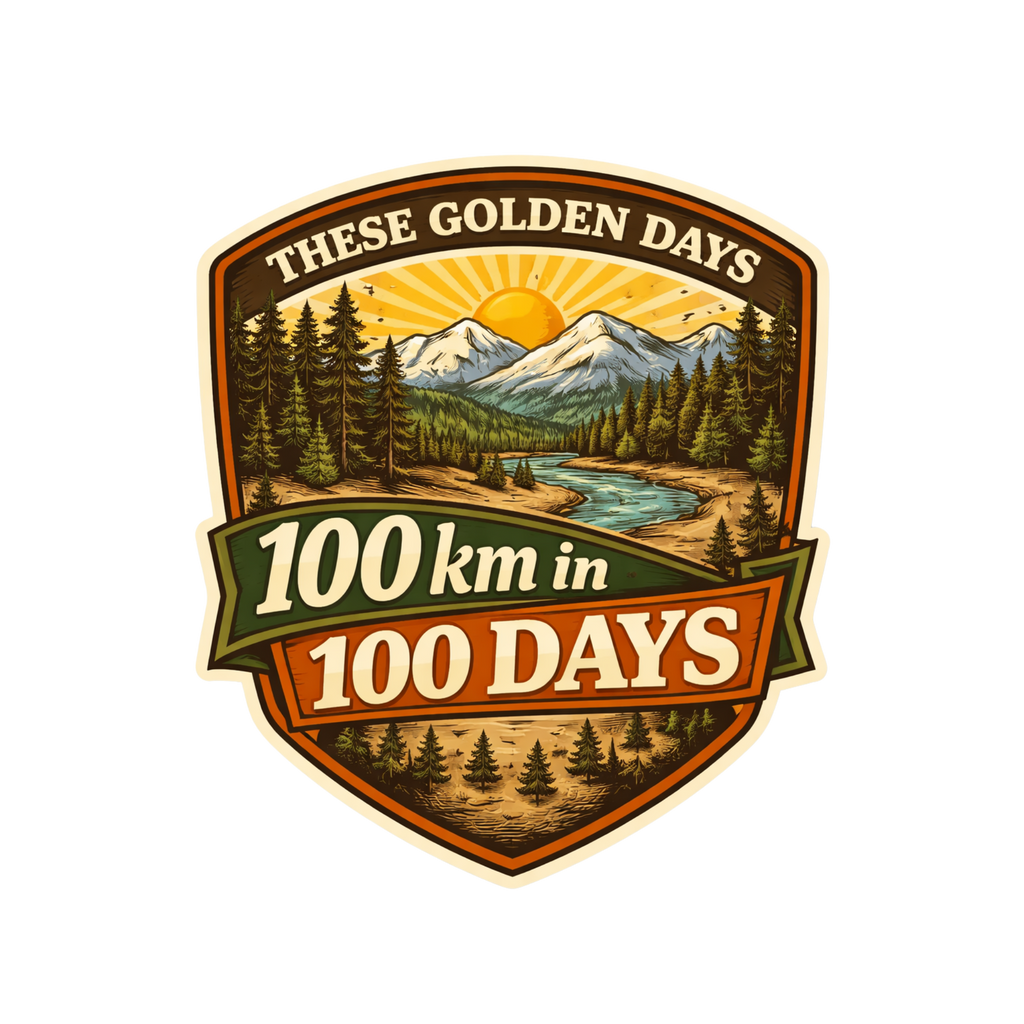 Logo with mountain and forest design, text 'These Golden Days 100 km in 100 Days' on a white background
