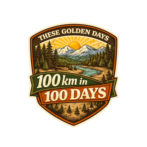 Logo with mountain and forest design, text 'These Golden Days 100 km in 100 Days' on a white background