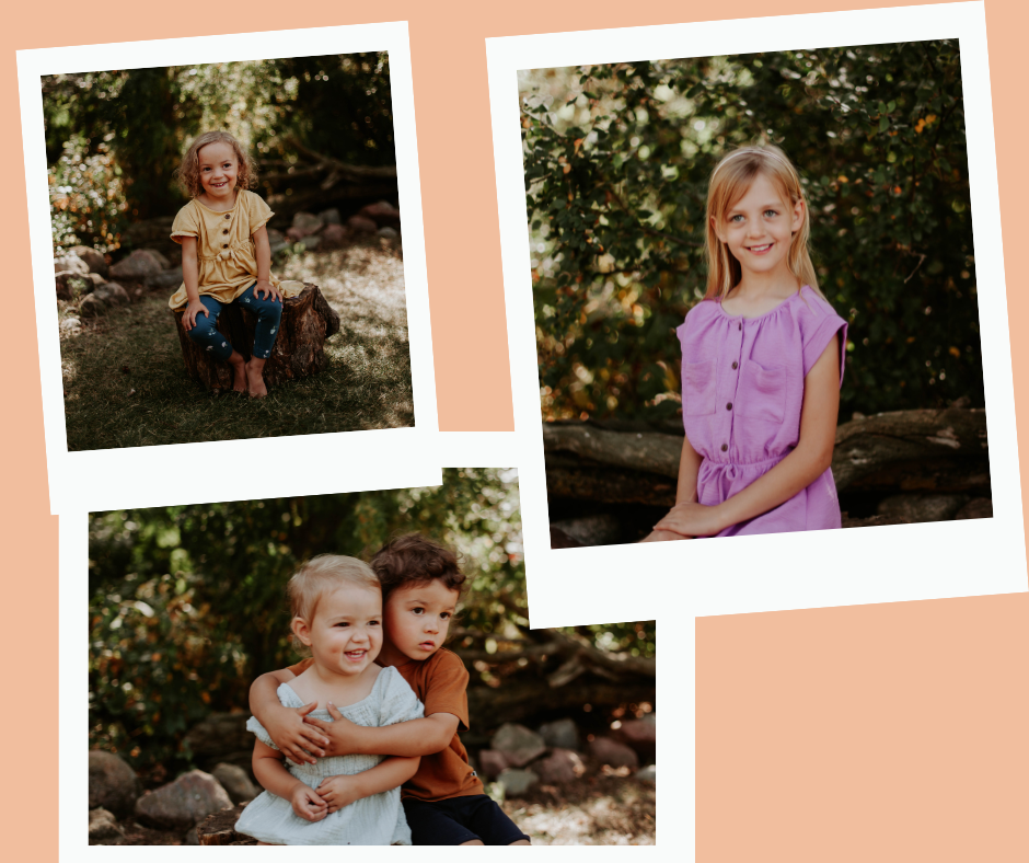 Collage of children in outdoor settings with a peach-colored border.